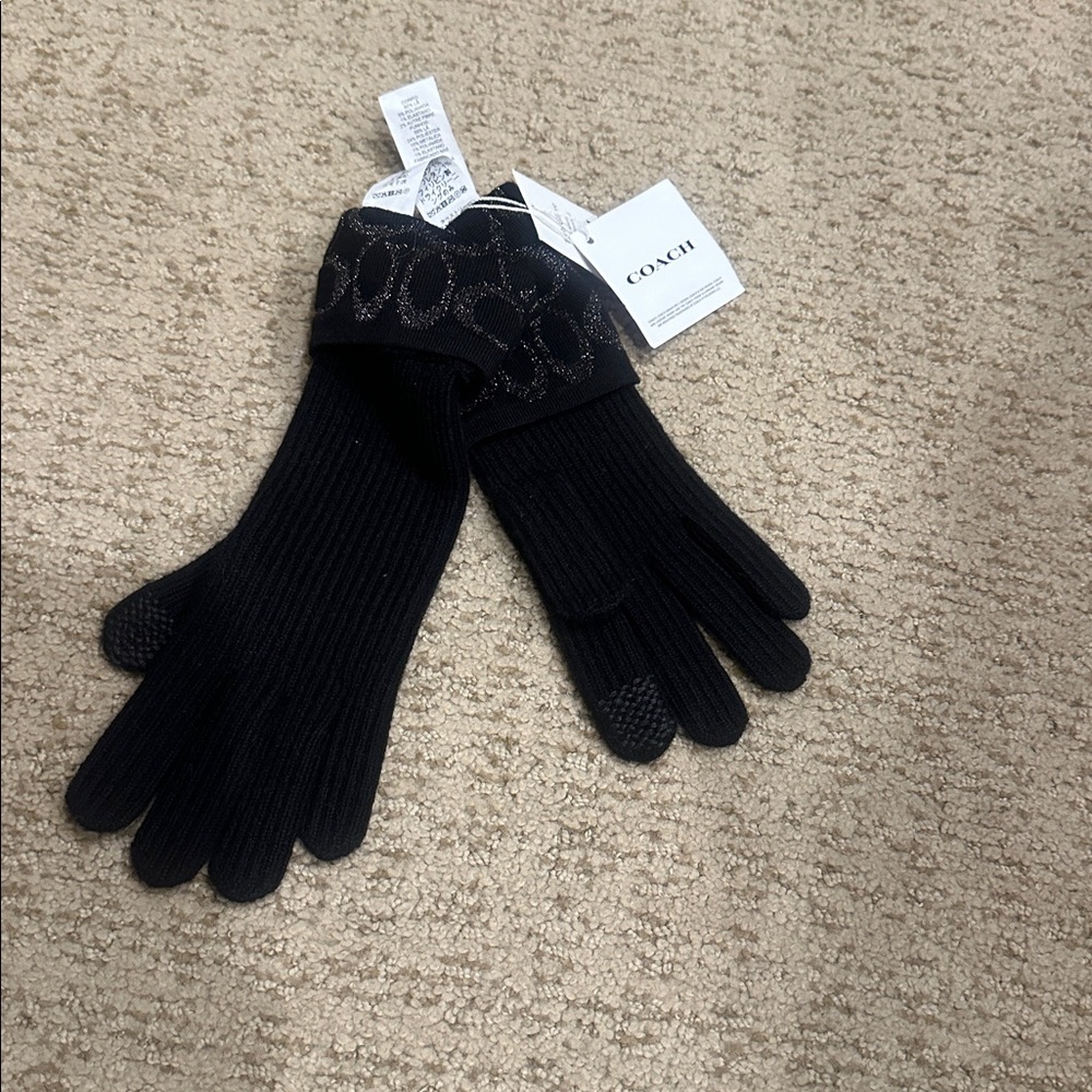 Coach Black Knit Gloves with Logo Detail